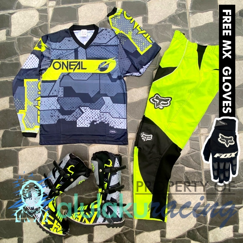 Jersey, Celana, Sarung Tangan &amp; Sepatu Fullprint with Protectors Fullset MX Trail Motocross - Paket Bundling ONCTFF110401-F41