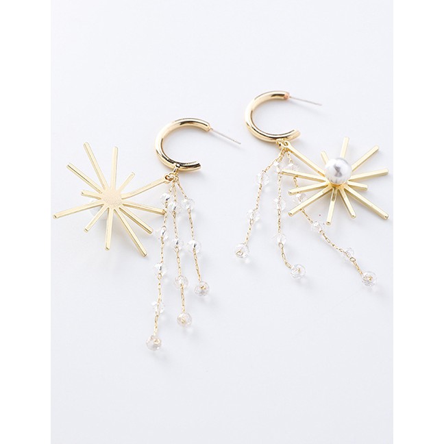 LRC Anting Tusuk Fashion Gold Sun Flower Crystal Fringe Pearl Earrings F54867