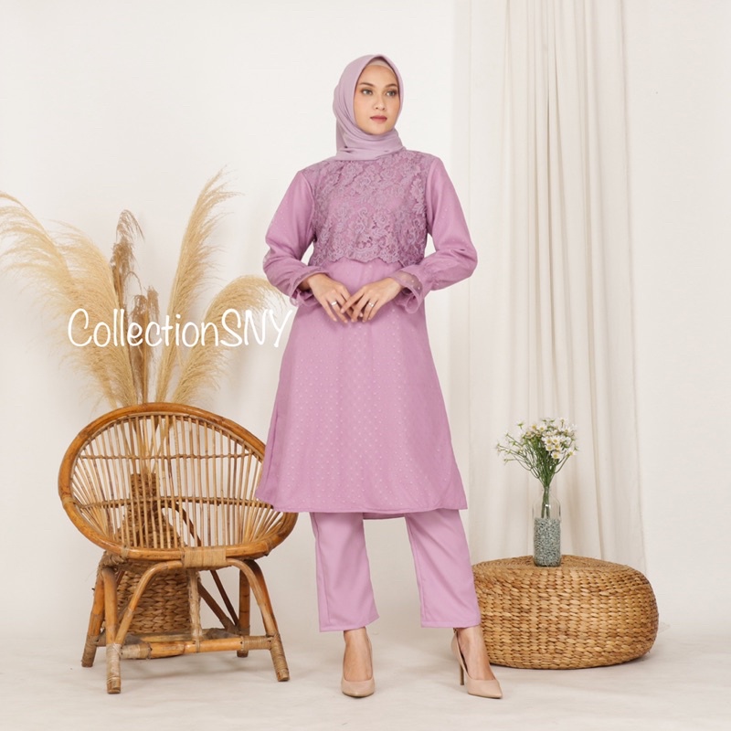 TUNIK SET TULLE DOT VARIASI  BRUKAT PERANCIS (LILAC)