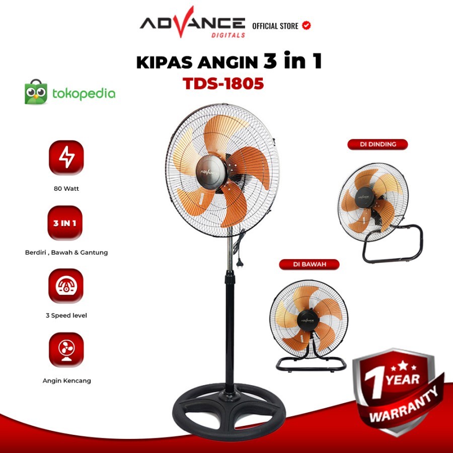 Advance Kipas Angin 3in1 Stand/Desk/Wall TDS-1805 Kipas Angin Tornado