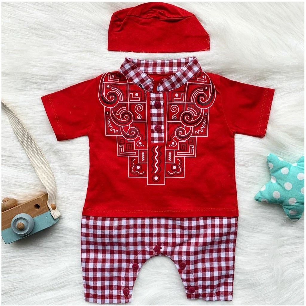 MAFAZABABY Set Jumper Romper Koko Bayi Baju Muslim Anak Bayi Laki-laki Newborn Koko Aqiqah(0-6bulan)-Abizar (merah)