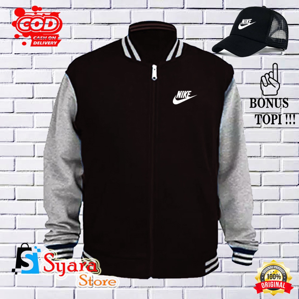 Syara Store / BONUS TOPI.. Jaket Varsity Baseball Nike Putih/ Jaket Distro Varsity / Jaket Baseball 