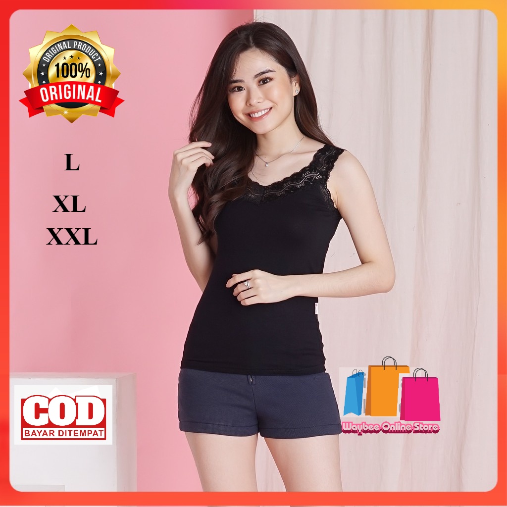 Tank Top Tanktop Wanita L-XL-XXL Jumbo Tengtop Tali Renda Besar Lebar U-Neck Bahan Katun Spandek-3