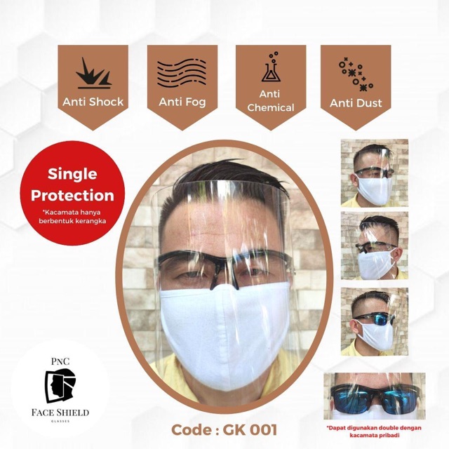 PNC Face Shield Glasses Anti Shock Fog Chemical Dust Indonesia / Pelindung Wajah Kacamata Paul Lorna