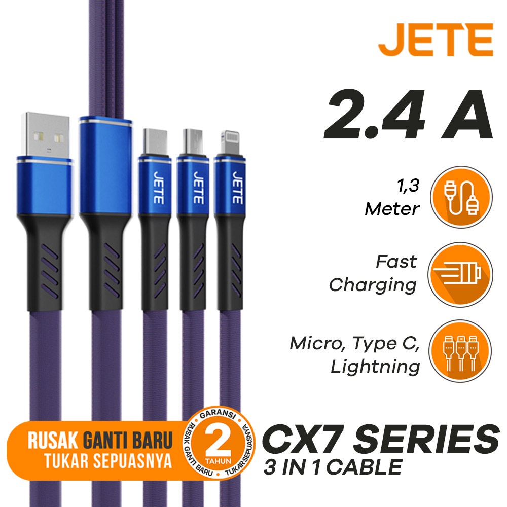 Kabel Data | Kabel USB | Kabel Charger 3 in 1 Micro Type C Iphone Lightning JETE CX7 - Garansi 2 Tahun
