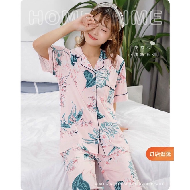 JC Piyama Set CP import / Piyama wanita CP / Piyama wanita Import murah-Leaf Flow Peach CP