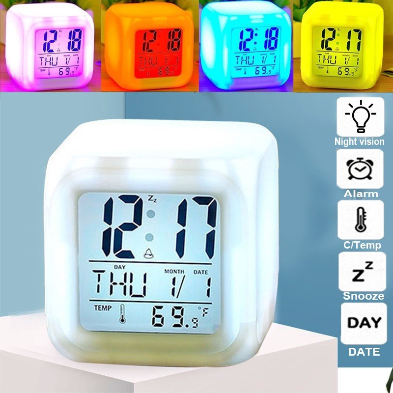 ZILLO Jam Alarm Digital Lampu RGB Jam Weker 7 Warna Warni Jam Hias Pengukur Suhu Bentuk Kotak Kubus