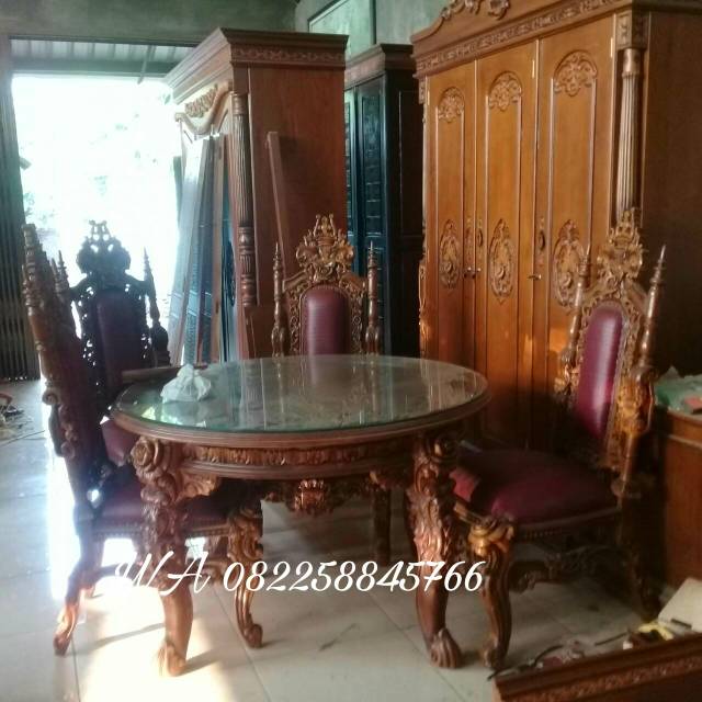 Meja Makan Bundar Kayu Jati, Meja & Kursi Makan Busa Raja Mewah Kayu Jati Ukir Jepara