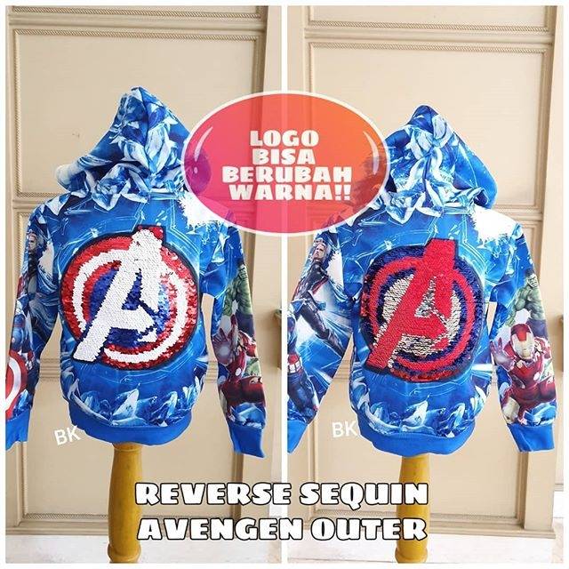 REVERSE SEQUIN AVENGER OUTER / JACKET HOODIE ANAK LAKI MOTIF MARVEL SPIDERMAN IRON MAN  THOR IMPORT