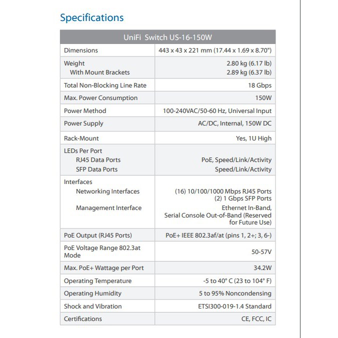 Ubiquiti US-16-150W Unifi Switch Managed PoE+ 16Port 150Watt