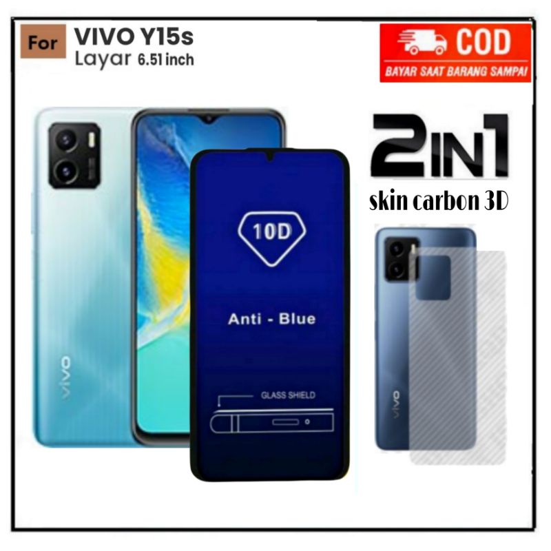 PROMO 2IN1 Tempered Glass Blue Light VIVO Y15S V23e Y01 ANTI Radiasi Full Cover Skin Carbon 3D