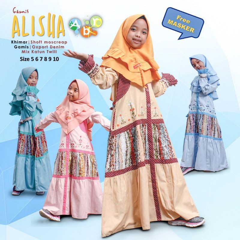 Gamis Anak Perempuan Alisha By ABR/ Set Gamis Anak/ Free Masker 2 Ply