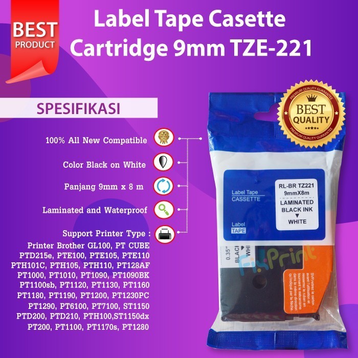 

Label Tape TZE-221 9mm Black On White Brother PT-P900W P300BT P750W FI58