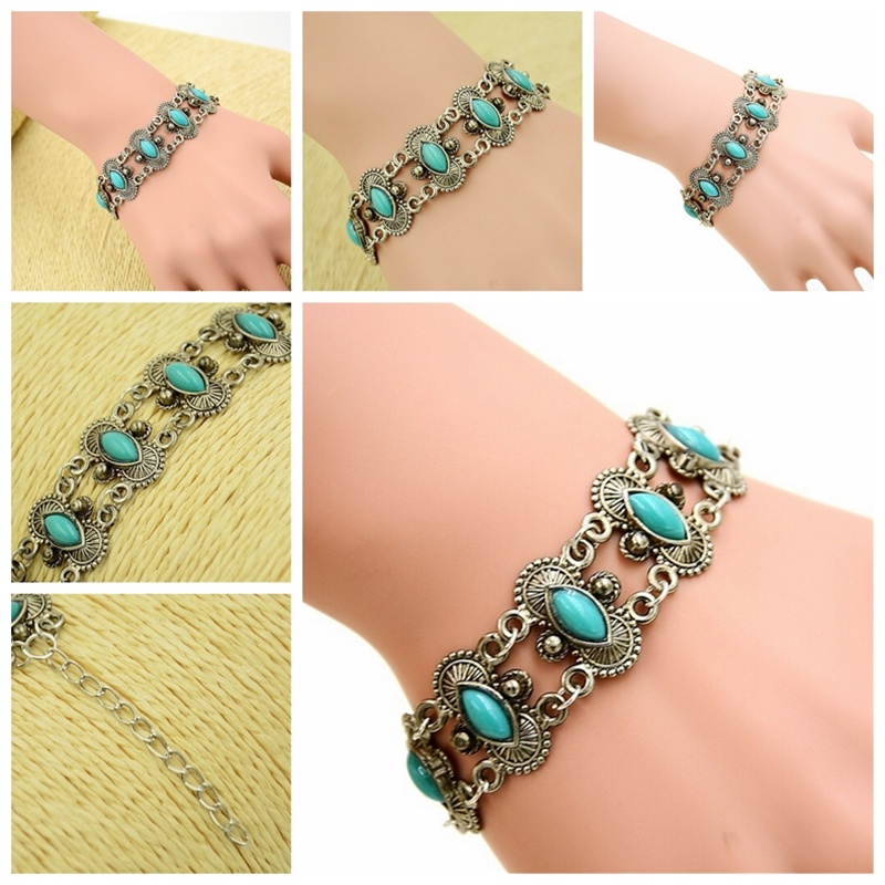 Gelang Tangan Silver Aksen Batu Turquoise Ala Bohemian Untuk Wanita