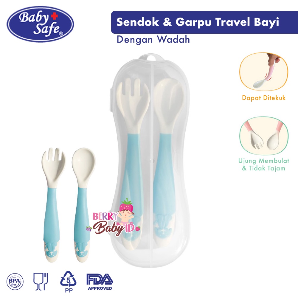 Baby Safe Bendable Spoon &amp; Fork Sendok Garpu Bayi Travel dengan Wadah BBS081 Berry Mart