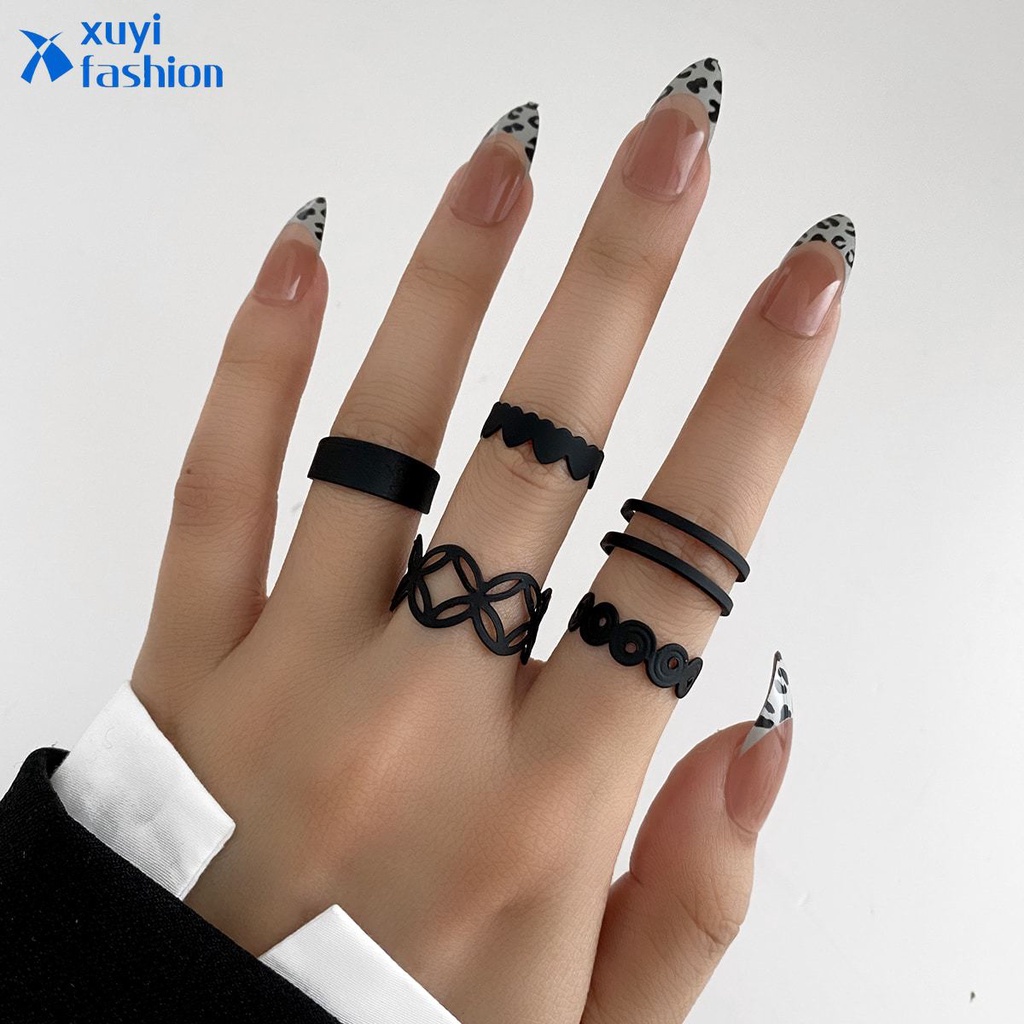 5pcs / Set Cincin Model Terbuka Desain Silang Hollow Warna Hitam Matte Untuk Wanita