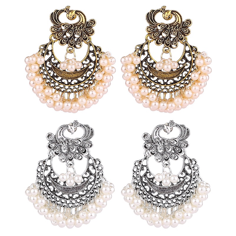 Anting Juntai Rumbai Desain Merak Bahan Alloy Warna Emas Gaya Vintage Untuk Wanita