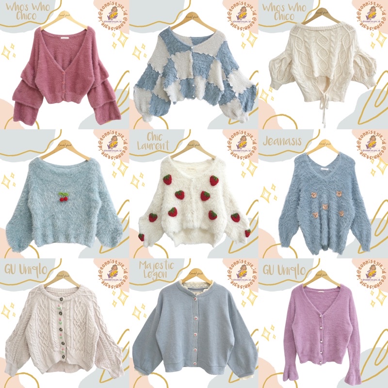 SWEATER CARDI JAKET BULU FUZZY OVERSIZE CROP LENGAN BALON BORDIR MOTIF LACE PINK LILAC KEPANG CARDIG