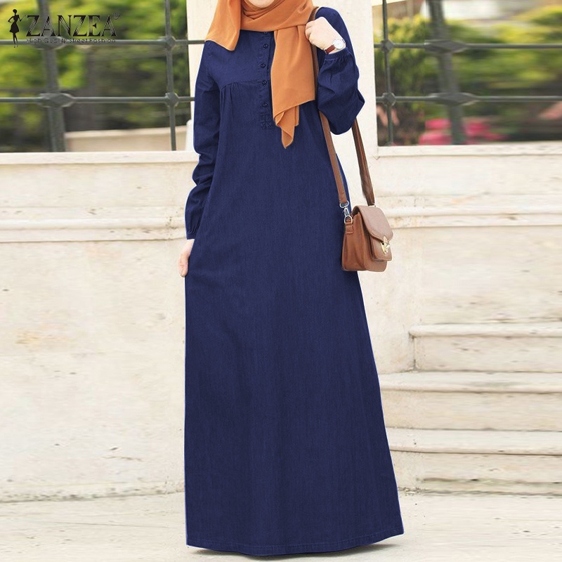 ZANZEA Women Casual Long Sleeve Elastic Cuff Muslim Long Dress