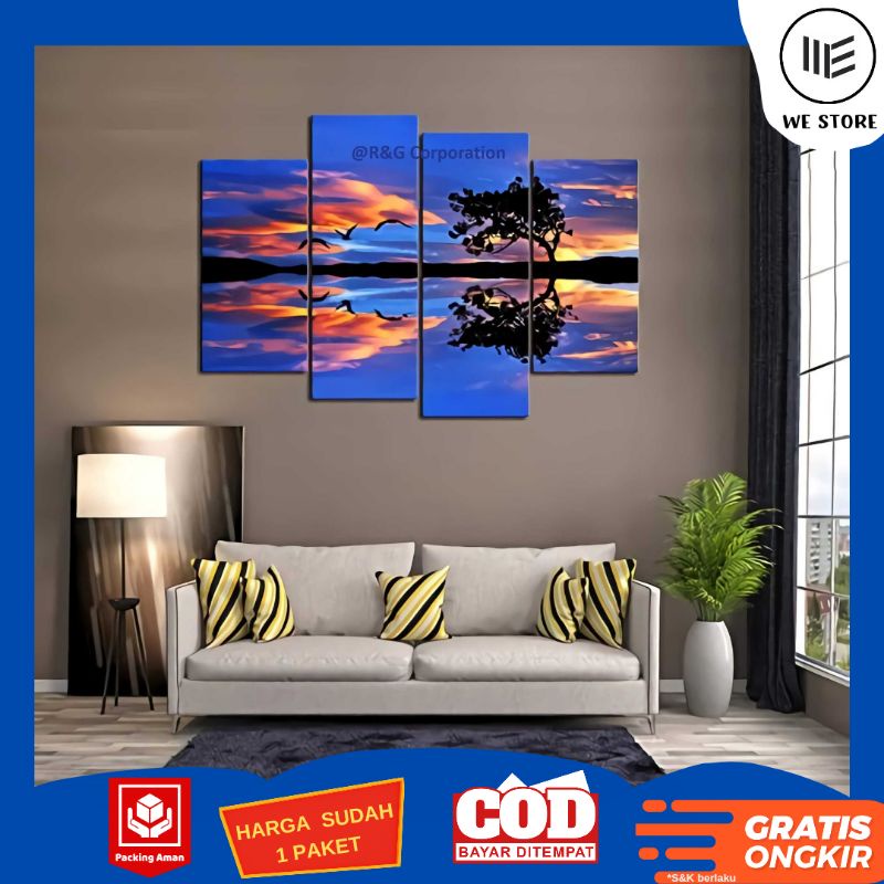 HIASAN DINDING 1 SET 4 PCS BIRU / PEMANDANGAN DEKORASI RUMAH / PAJANGAN KAMAR ATAU RUANG TAMU / LUKI