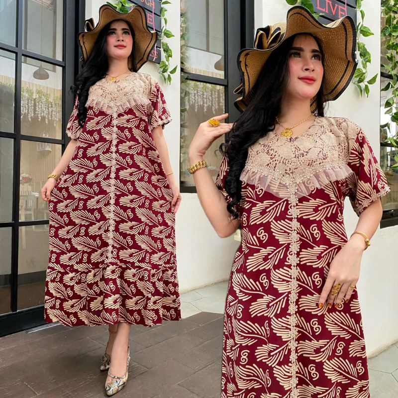 DASTER ARAB RENDA MOTIF KIPAS/DASTER  BORKAT KEKINIAN/DASTER ARAB MOTIF-daun besar marun