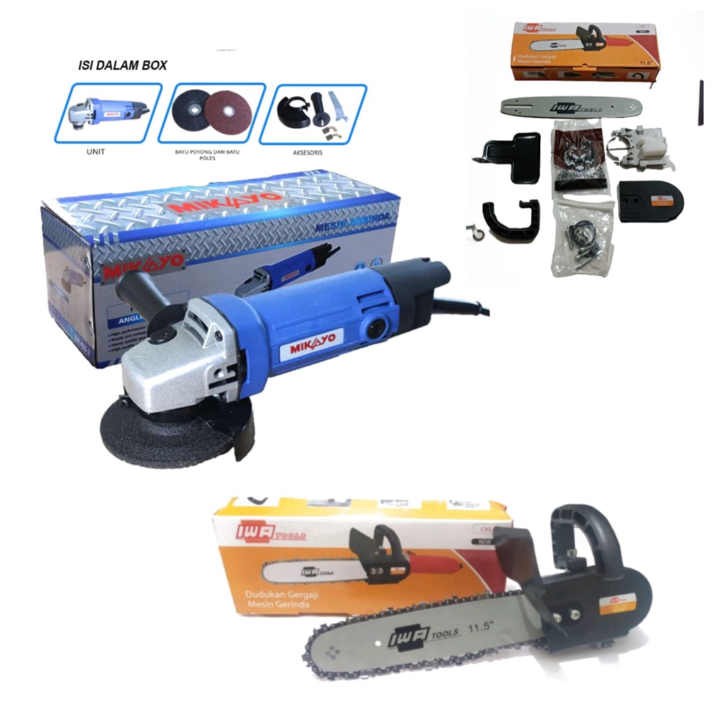 paket 2 item gerinda mikayo + adaptor chain saw iwa / chain saw mini