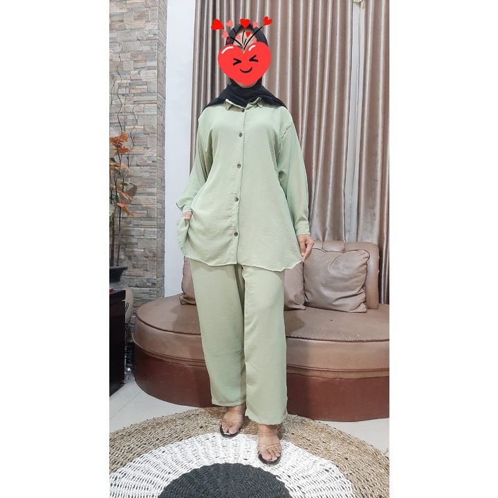 ONE SET SETELAN CRINKLE AIRFLOW IMPORT PREMIUM KEMEJA POLOS BEST SELLER LD 120 PIYAMA  WANITA JUMBO LENGAN PANJANG TERLARIS