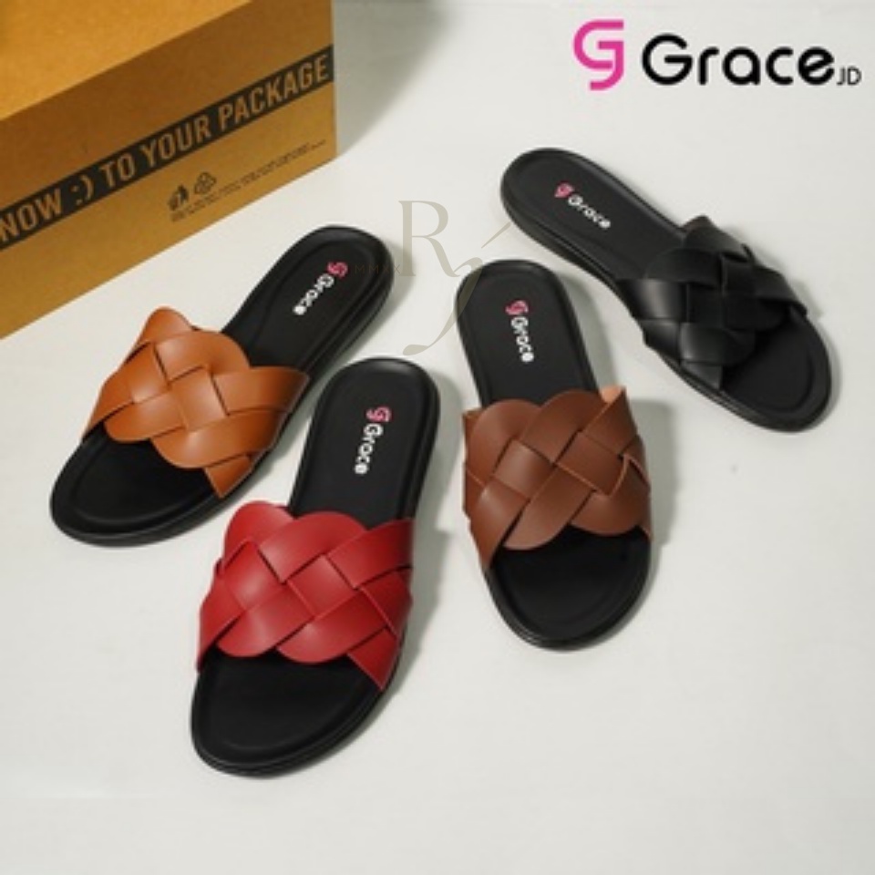 GRACE [SLK 01] Sandal Wanita Slop Kulit Terbaru Model Anyam Samak/ Sendal Etnik Wanita Anyam