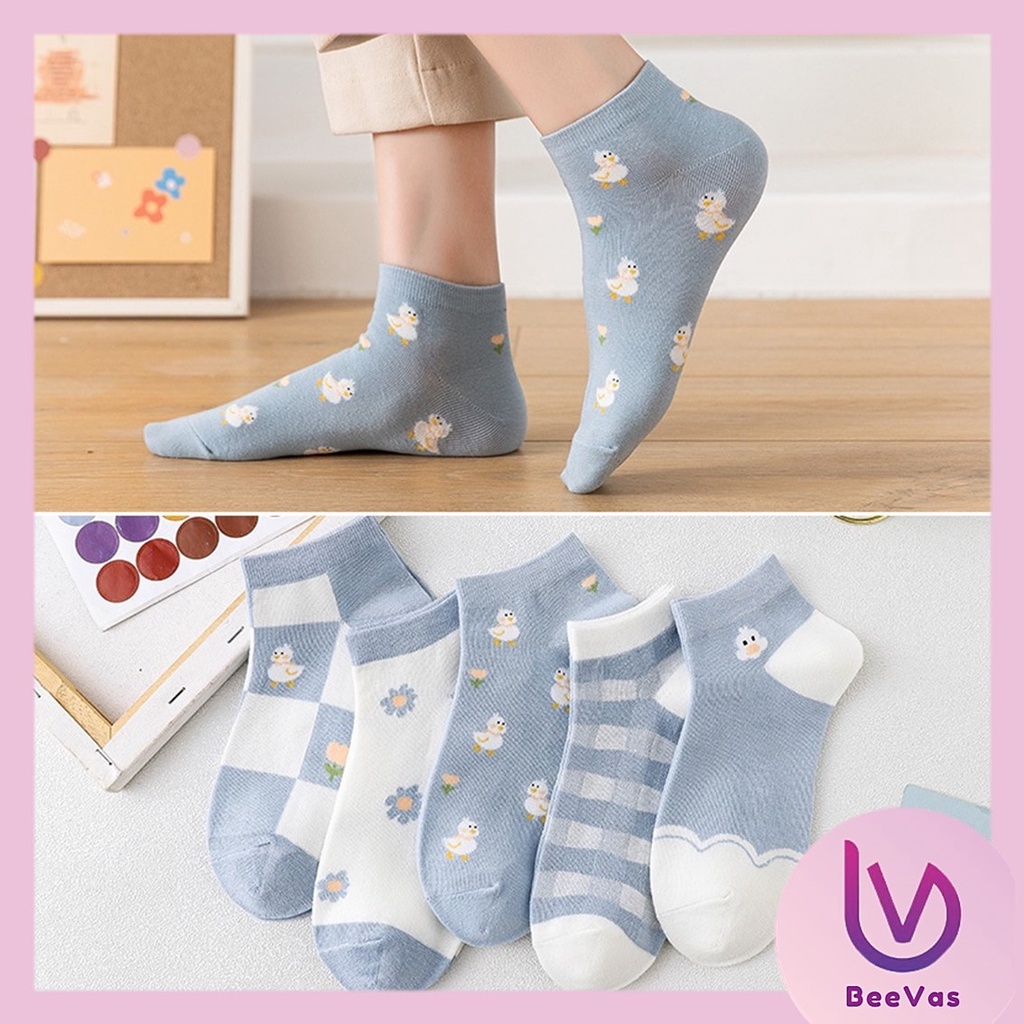 BV.ID KK811 Kaos Kaki Wanita Pria Pendek Unisex Semata Kaki Ankle Motif Duck biru muda Socks Korean