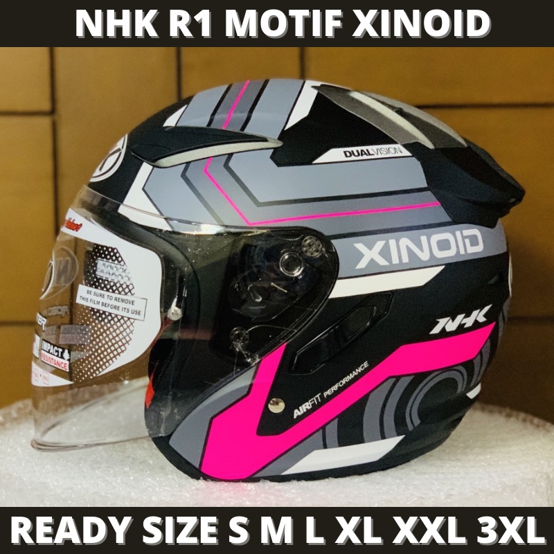 Helm NHK R1 Xinoid Black Pink Doff Double Visor Half Face - Helem Motor SNI DOT Touring Dewasa Pria 