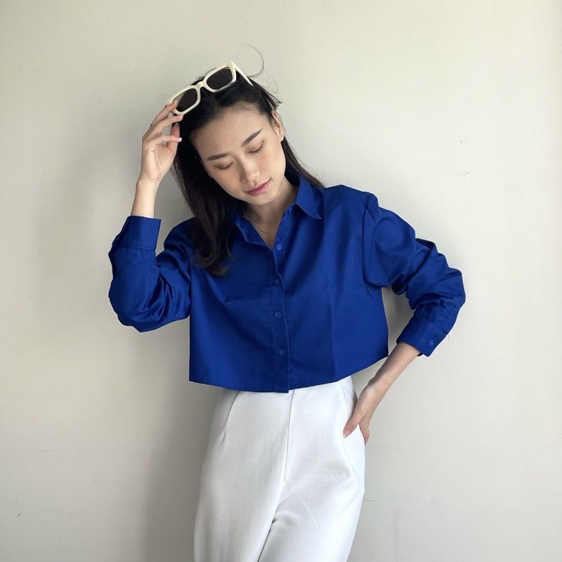 BEFAST - ZEC OOTD Wanita Kemeja AZELIE / Jolbi POPLIN COTTON Crop Shirt / Pakaian Kemeja Casual / Atasan Lengan Panjang / Kemeja Crop Trendy / Kem Polos Casual / OOTD Remaja Wanita Kekinian / Terlaris