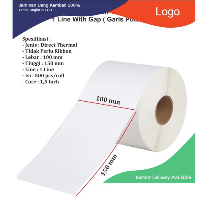 

Kertas Label Sticker Barcode Thermal 100 x 150 mm 1 Roll Isi 500 A930