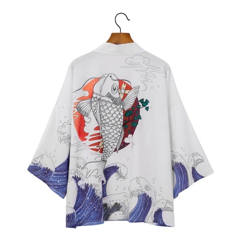 KIMONO IMPORT PRIA WANITA JEPANG HAORI YUTAKA FISH WHITE ORIGINAL M-2XL ME2