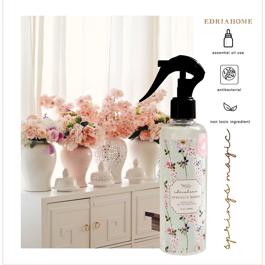 Edriahome Room and Linen Spray Springs Magic 250 ML/ Spring in Provence Series/ Anti Bacterial/ Multipurpose Room and Pillow Spray / Fabric Spray / Bed Spray /  Pillow Spray /  Laundry Spray / Odor Eliminator / Pengharum Ruangan dan Kain