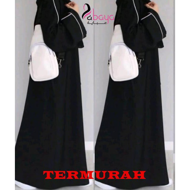 Promo abaya turki kekinian gamis list putih elegan cantiik. bahan jet black lembut