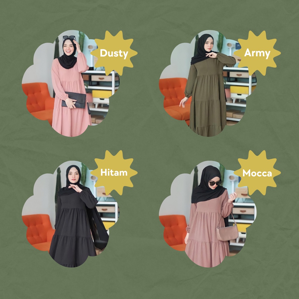 GAMIS WANITA BUSUI JUMBO Delvira Dress /Gamis Wanita Remaja Bahan Mango Creepe Terbaru Premium Adem Fit to XL / Fashion Muslim Kikinian Warna Army Mocca Hitam Dusty-4