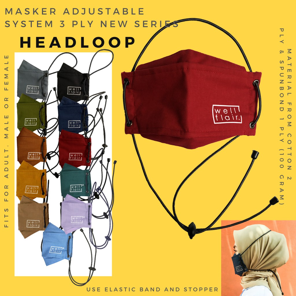 Masker Kain 3 Lapis Ply Headloop Hijab Adjustable Katun