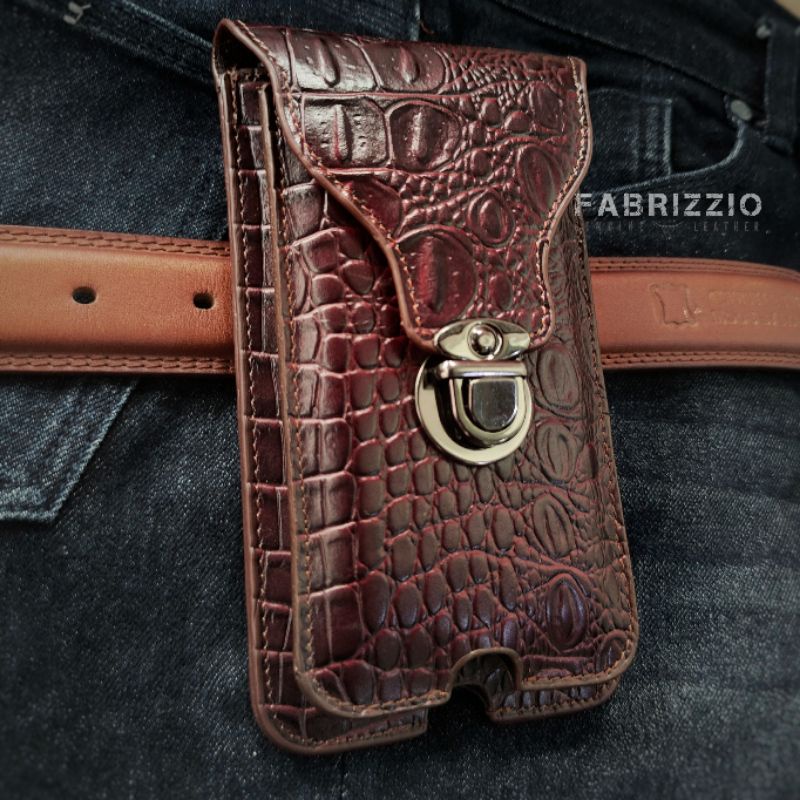 sarung hp dobel vertikal kulit asli motif buaya