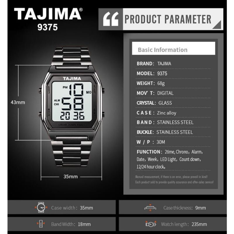 Jam Tangan Digital Tajima 9375 Square Stainless Steel