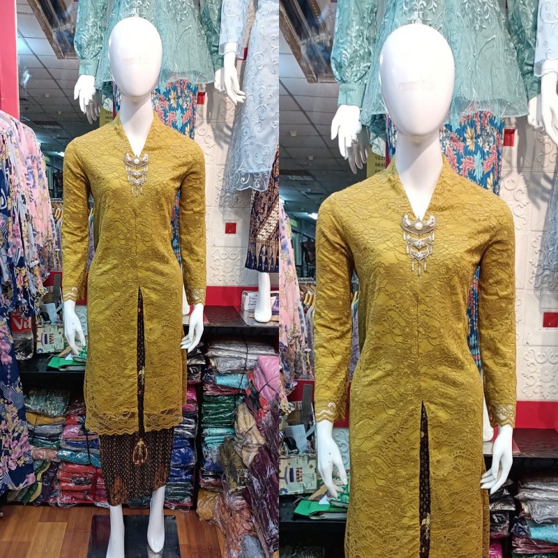 Satu setel kebaya moderen bahan tulle lengan panjang ukuran m l xl xxl-SET KUNING,
