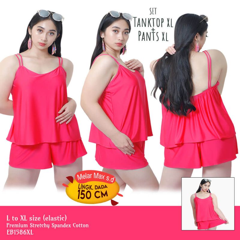 Setelan babydoll wanita sexy celana pendek big size jumbo spandek melar stretch baju tidur pink 1586