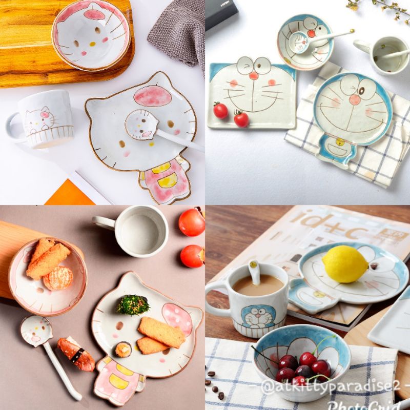 Piring Mangkok Gelas Sendok Keramik Crayon Bakar Hello Kitty Doraemon
