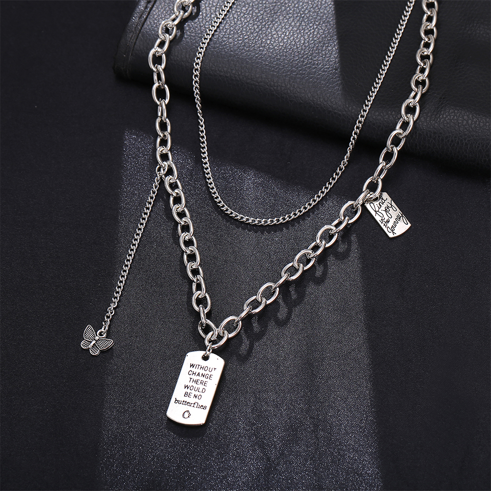 YEEZII Korean Butterfly Square Brand Pendant Necklace Sweet Cool Personality Double Layer Clavicle Chain Jewelry Gift