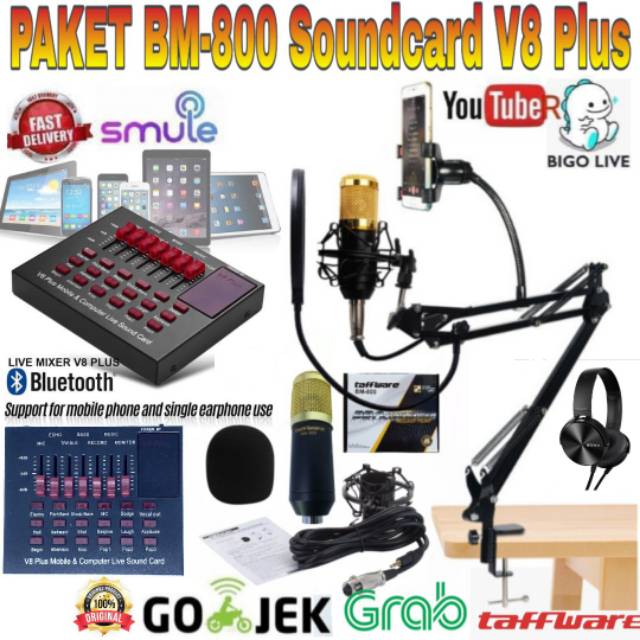 Paket Komplit Mic BM800 Soundcard V8 plus Stand Holder Lazypod Pop Filter Rekaman Terbaik