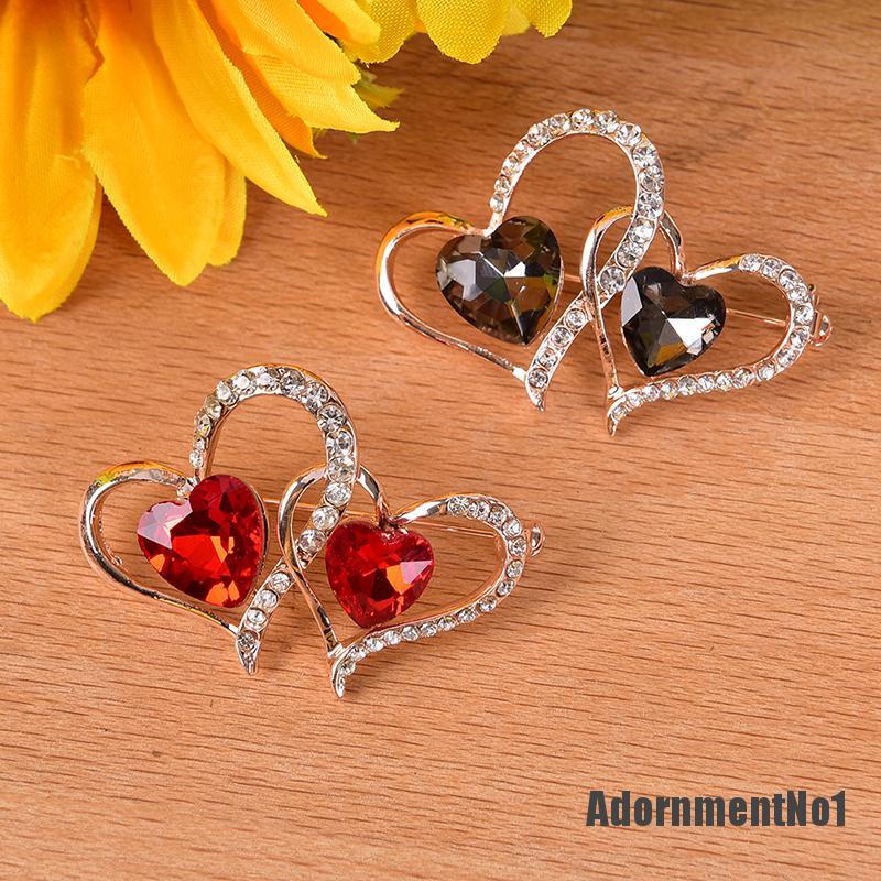 (Adornmentno1) Bros / Pin Desain Hati Ganda Hias Kristal / Berlian Imitasi Untuk Dekorasi Natal