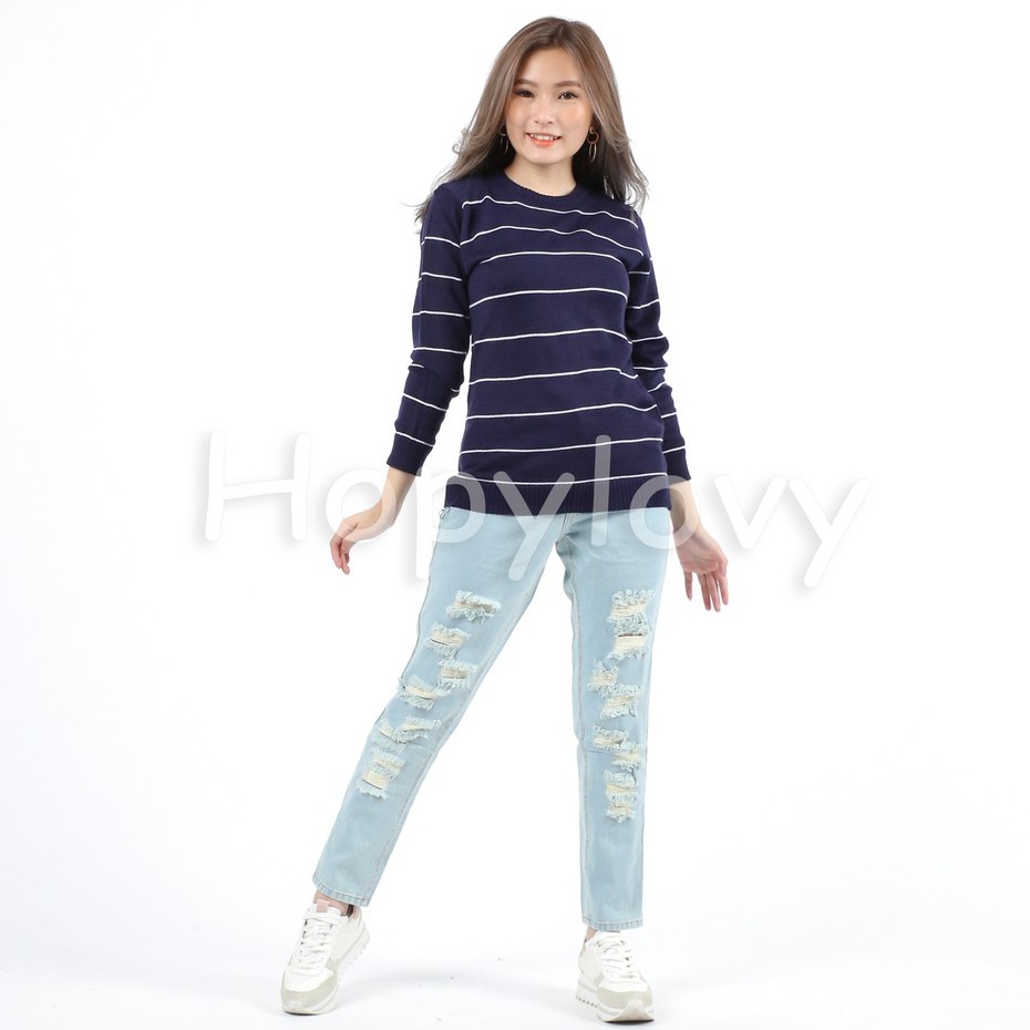 HOPYLOVY - Celana Boyfriend Jeans Wanita Aplikasi Ripped / Sobek Tembus Glen