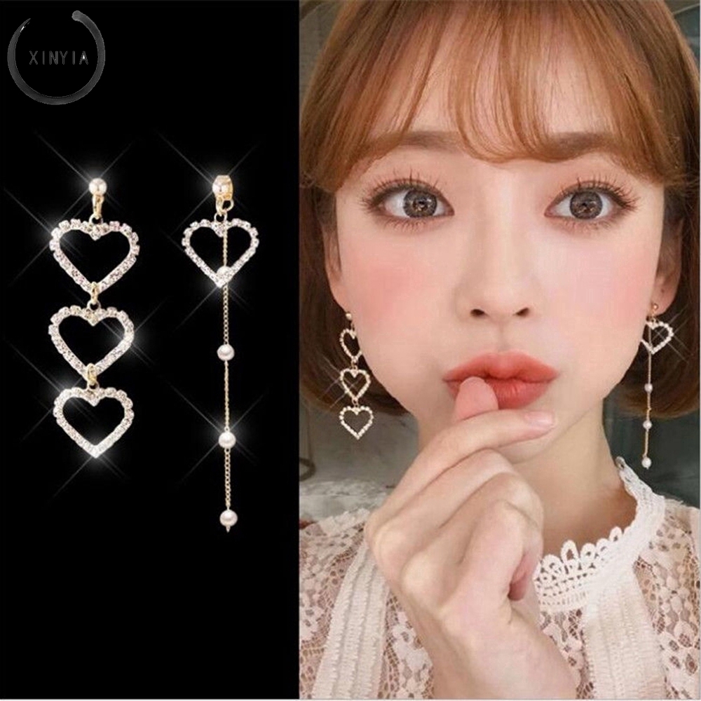 Anting Giwang Panjang Model Hati Dengan Mutiara + Kristal + Rumbai Gaya Korea Untuk Wanita