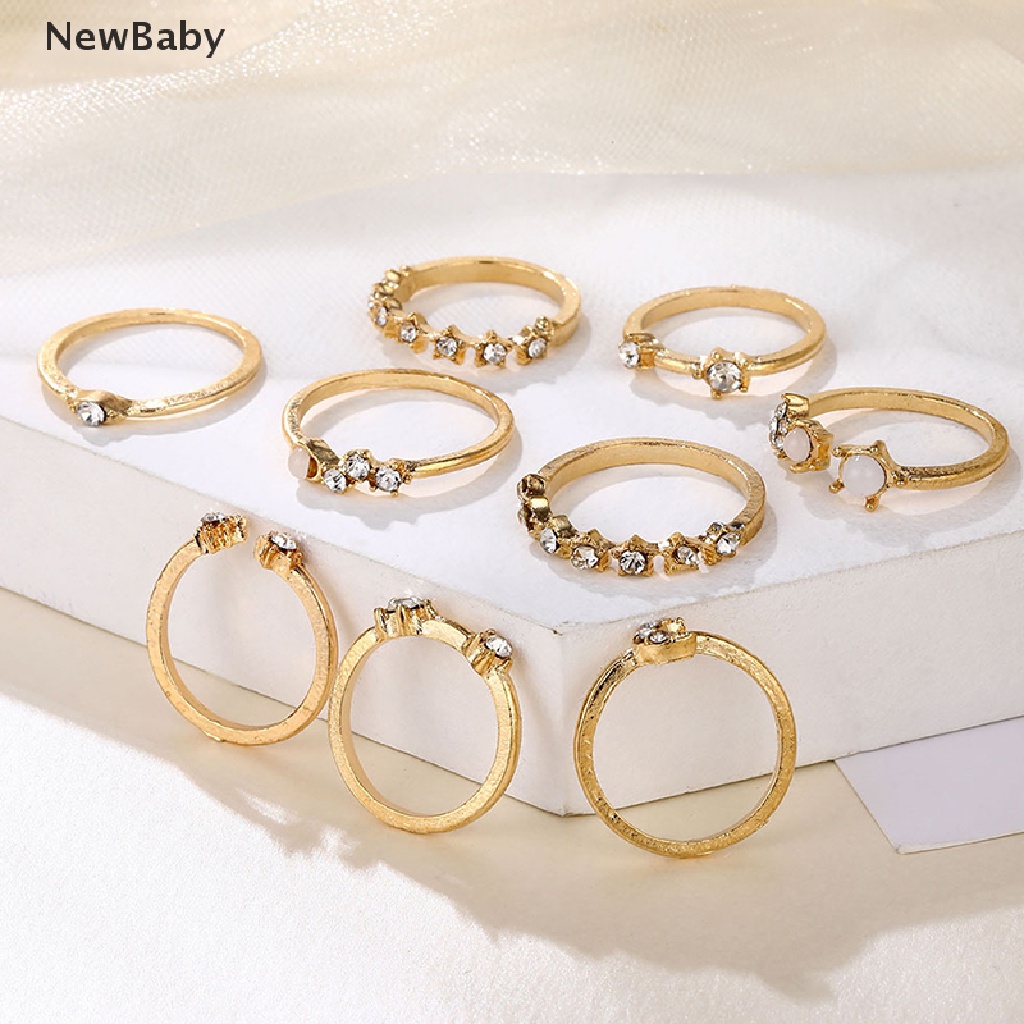 9pcs / Set Cincin Jari Desain Bulan Bintang Aksen Kristal Gaya Vintage Boho Untuk Wanita