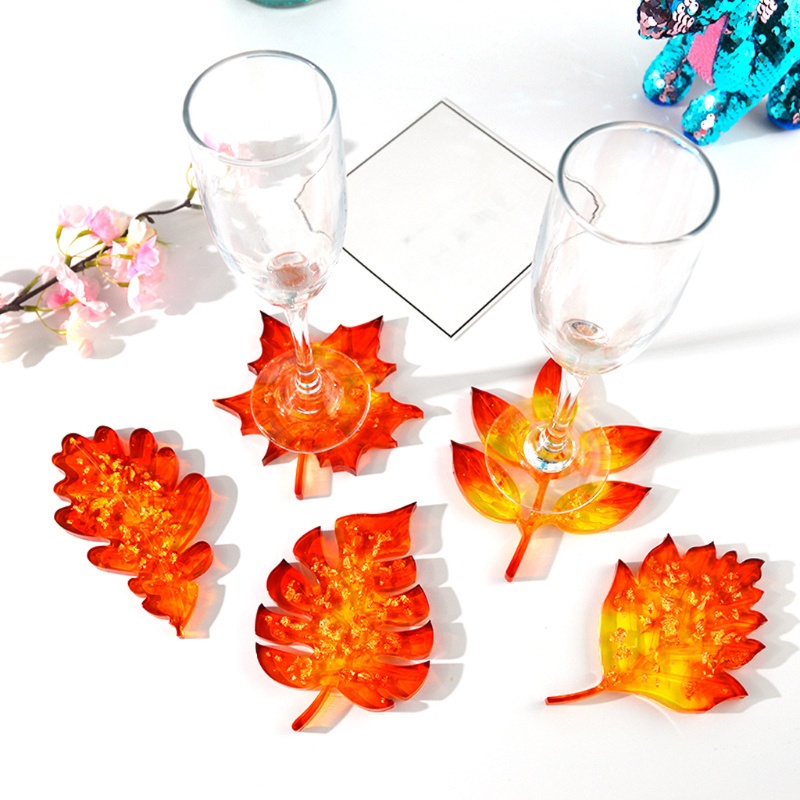 SIY  5Pcs Large Size Leaves Coaster Silicone Resin Mold Tropical Maple Leaf Resin Casting Mold Resin Concrete Mold Art Crafts