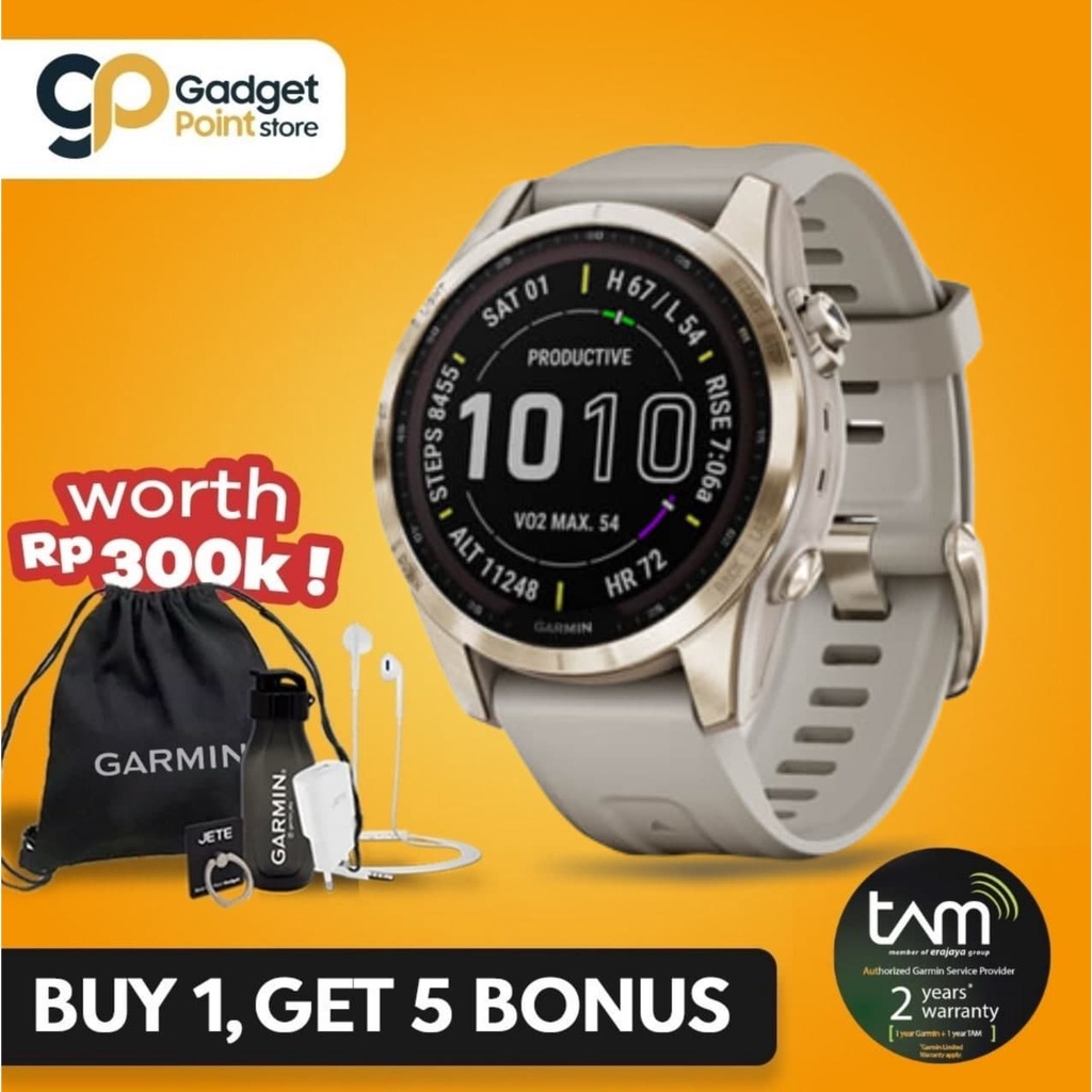 Garmin Fenix 7S Sapphire Solar Cream Gold Titanium with Light Sand Band - Original Garansi Resmi 2 Tahun